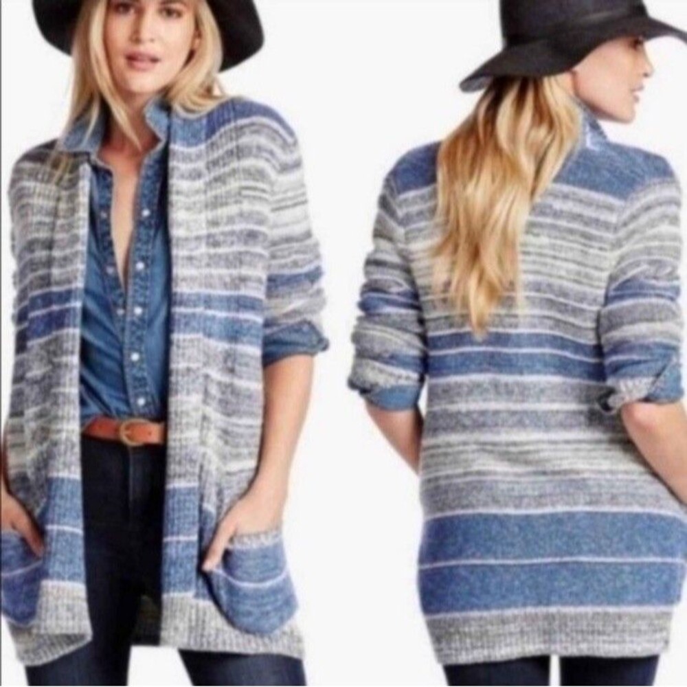 Lucky Brand Sz 2X Chunky Knit Cardigan Sweater Blue Stripe Western Cowgirl